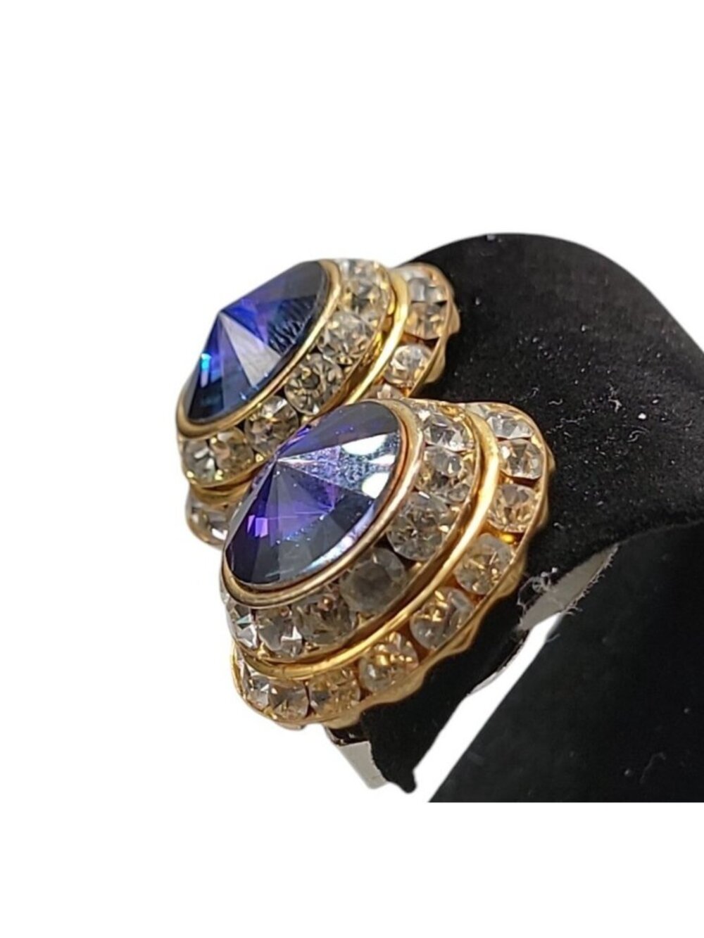 Vintage Lilac Rivoli Clip On Earrings Double Crystal Halo Domed Gold Tone - Picture 8 of 11